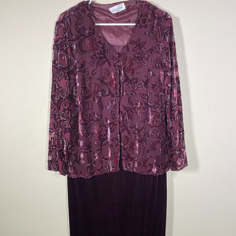 Miss Dorby Women's LS Maroon Floral Velvet Maxi Dress Shoulder Pads Vintage.